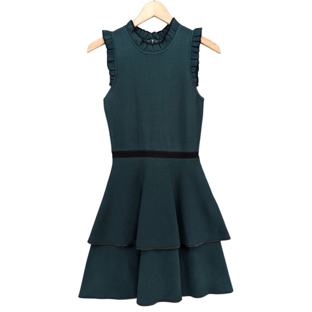 Parker Ryker Knit Dress Green Tiered Ruffle Trim Sleeveless Fit Flare Size M